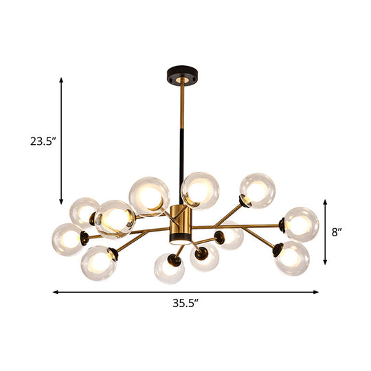 Stylish Postmodern Clear Glass Orb Chandelier - Branching Design 12 Bulbs Black-Gold Pendant Lamp