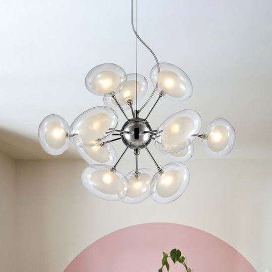 Modernist Burst Chandelier - Dual Oblate Glass - 12-Light Chrome Suspension Lighting
