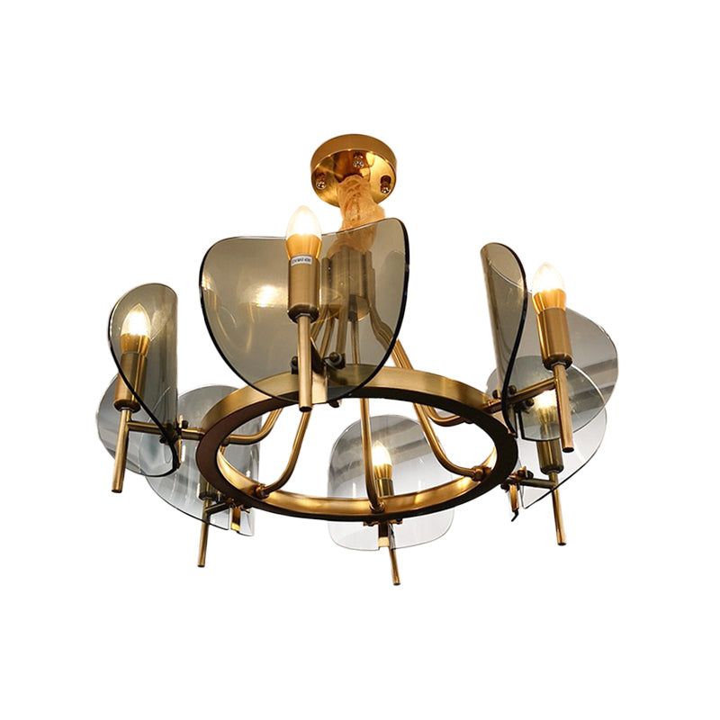 Mid-Century Curved Glass Chandelier Lamp - 6/8-Bulb Gold Hanging Light Fixture With Open Bulb Design