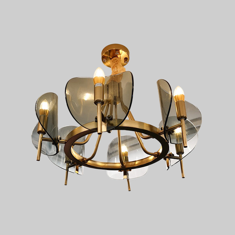 Mid-Century Curved Glass Chandelier Lamp - Open Bulb Design, Gold Hanging 6/8-Bulb Fixture