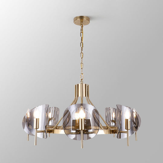 Mid-Century Curved Glass Chandelier Lamp - Open Bulb Design, Gold Hanging 6/8-Bulb Fixture