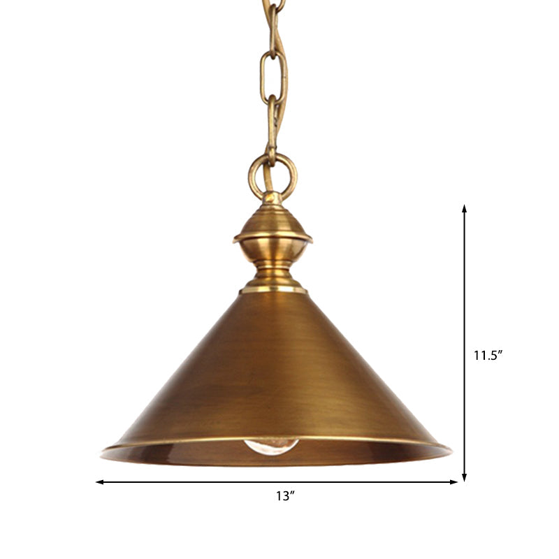 Vintage Suspension Pendant Light with Metallic Brass/Gold Finish - 7"/8.5" Conical Shade, 1-Light