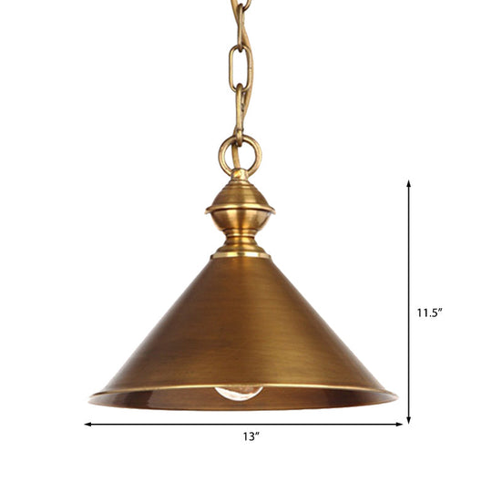 Vintage Suspension Pendant Light with Metallic Brass/Gold Finish - 7"/8.5" Conical Shade, 1-Light