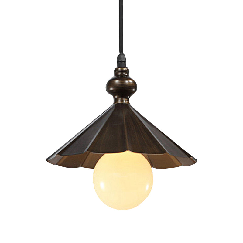 1-Head Industrial Rust Brown Scalloped Shade Pendant Light For Restaurants Metallic Ceiling Hanging