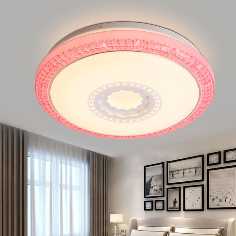 Contemporary LED Drum Flush Mount Lamp - Acrylic Diffuser in White/Pink/Blue - Ideal for Bedroom Ceiling - Warm/White Light - 16"/19.5" Dia