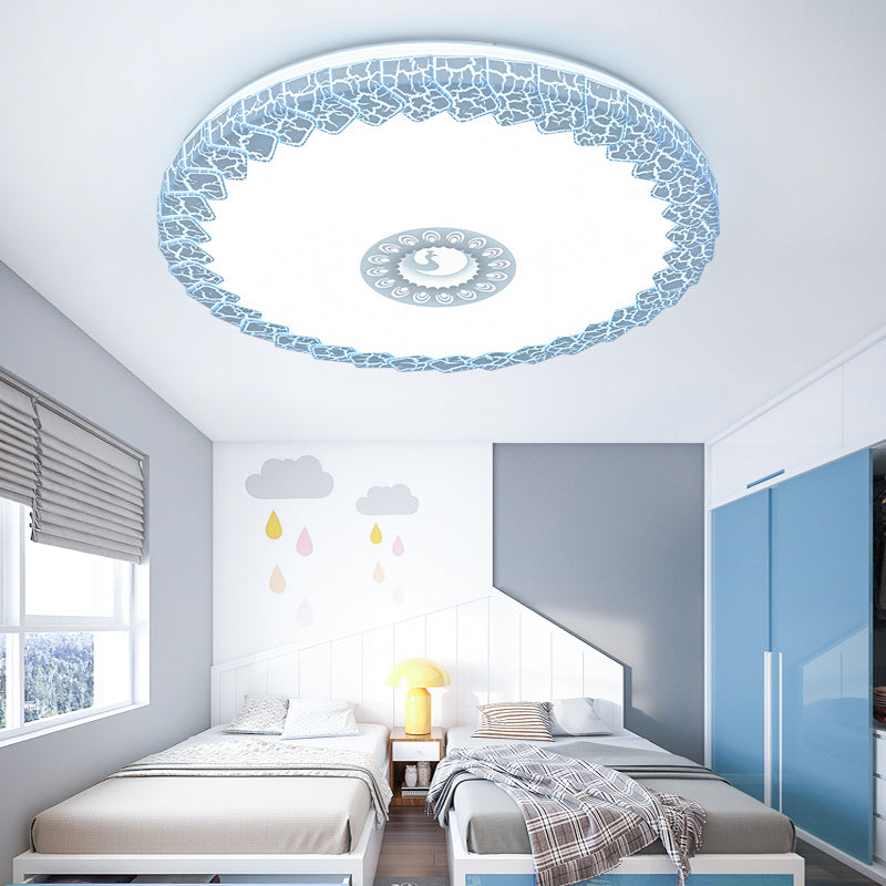 Modern LED Flush Mount Ceiling Light with Acrylic Shade in White/Blue/Gold Crackle Finish - Bedroom Lighting, 15"/19" Size, Warm/White Glow