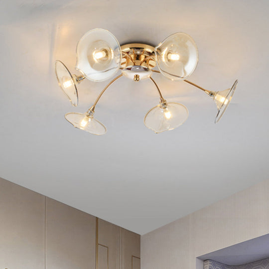 6-Light Nordic Gold Semi Flush Mount Ceiling Lamp with Trumpet Glass Shades for Dining Room