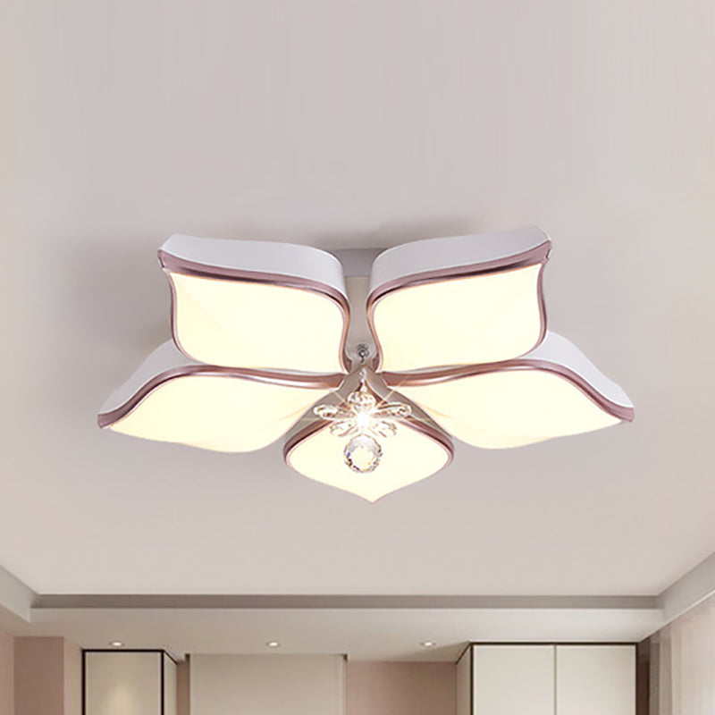 Contemporary Flower Ceiling Mounted Fixture: Acrylic Flush Ceiling Light in White with Crystal Drop for Living Room