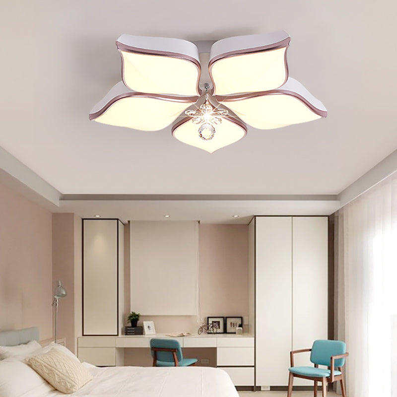 Contemporary Flower Ceiling Mounted Fixture: Acrylic Flush Ceiling Light in White with Crystal Drop for Living Room