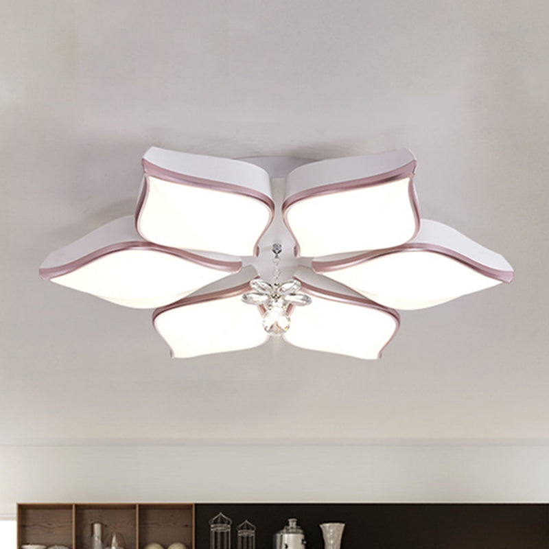 Contemporary Flower Ceiling Mounted Fixture: Acrylic Flush Ceiling Light in White with Crystal Drop for Living Room