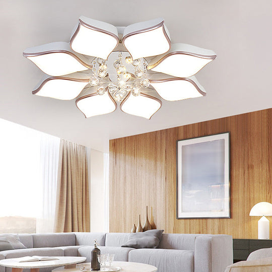 Modern White Blooming Flush Mount Ceiling Light with Crystal Drop - 8/10 Heads - Warm Ambiance for Living Room