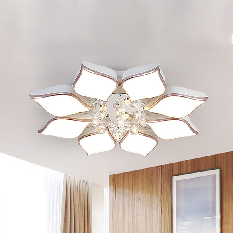 Modern White Blooming Flush Mount Ceiling Light with Crystal Drop - 8/10 Heads - Warm Ambiance for Living Room