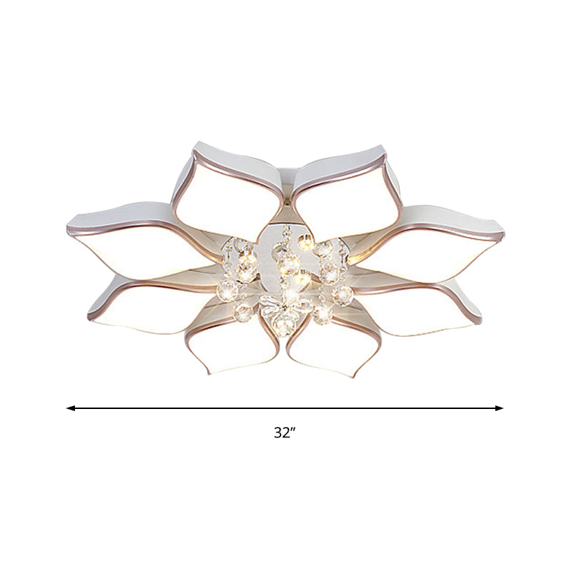 Modern White Blooming Flush Mount Ceiling Light with Crystal Drop - 8/10 Heads - Warm Ambiance for Living Room
