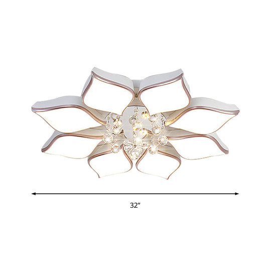 Modern White Blooming Flush Mount Ceiling Light with Crystal Drop - 8/10 Heads - Warm Ambiance for Living Room