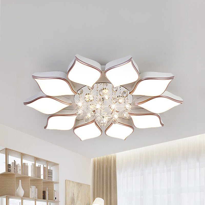 Modern White Blooming Flush Mount Ceiling Light with Crystal Drop - 8/10 Heads - Warm Ambiance for Living Room