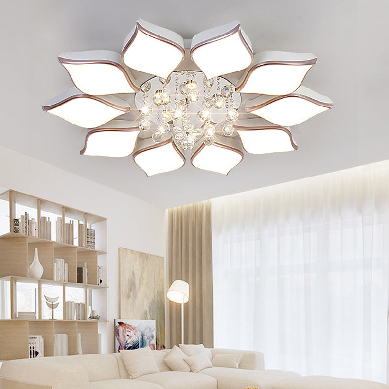 Modern White Blooming Flush Mount Ceiling Light with Crystal Drop - 8/10 Heads - Warm Ambiance for Living Room