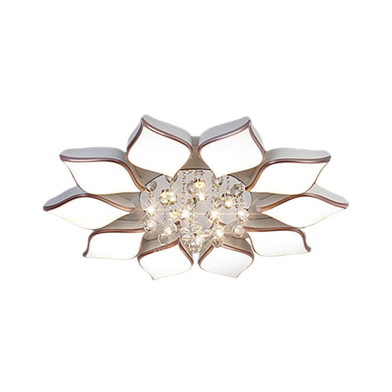 Modern White Blooming Flush Mount Ceiling Light with Crystal Drop - 8/10 Heads - Warm Ambiance for Living Room