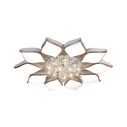 Modern White Blooming Flush Mount Ceiling Light with Crystal Drop - 8/10 Heads - Warm Ambiance for Living Room