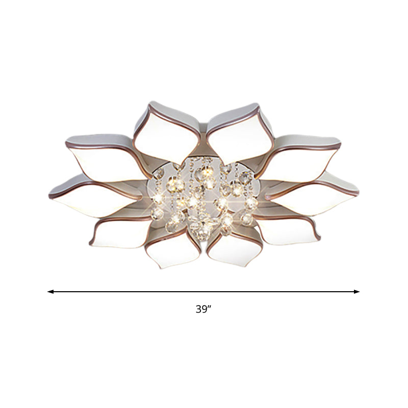 Modern White Blooming Flush Mount Ceiling Light with Crystal Drop - 8/10 Heads - Warm Ambiance for Living Room