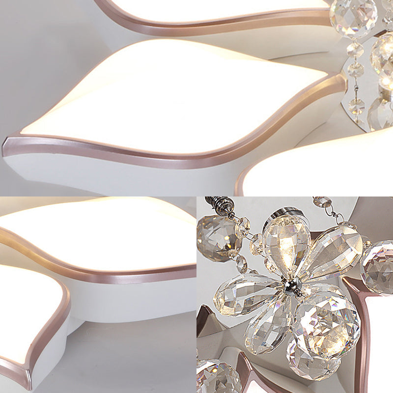 Modern White Blooming Flush Mount Ceiling Light with Crystal Drop - 8/10 Heads - Warm Ambiance for Living Room