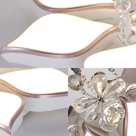 Modern White Blooming Flush Mount Ceiling Light with Crystal Drop - 8/10 Heads - Warm Ambiance for Living Room