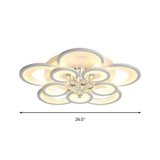 Contemporary Acrylic Flush Mount Ceiling Light with Crystal Drop - Multi-Layer Circular Design (10/12/16 Lights, White)