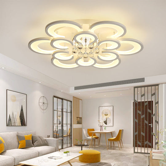 Contemporary Acrylic Flush Mount Ceiling Light with Crystal Drop - Multi-Layer Circular Design (10/12/16 Lights, White)