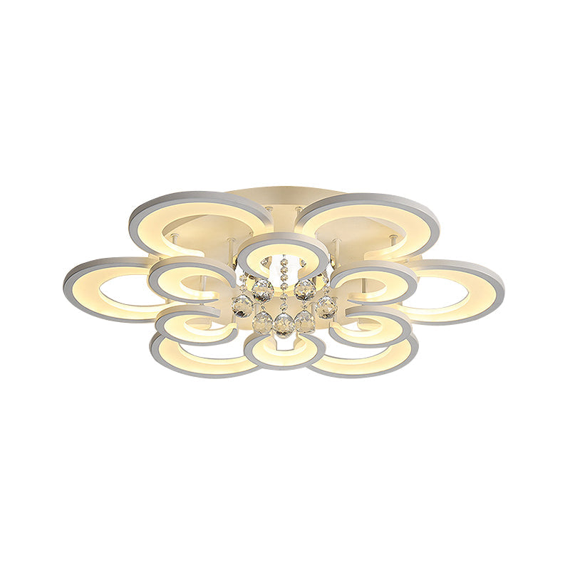Contemporary Acrylic Flush Mount Ceiling Light with Crystal Drop - Multi-Layer Circular Design (10/12/16 Lights, White)