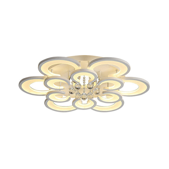 Contemporary Acrylic Flush Mount Ceiling Light with Crystal Drop - Multi-Layer Circular Design (10/12/16 Lights, White)