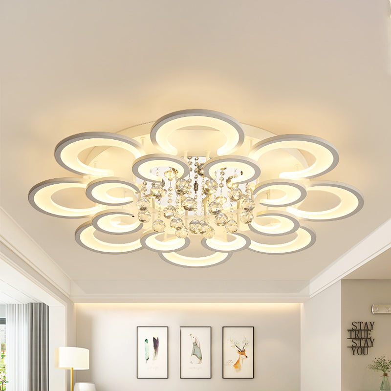 Contemporary Acrylic Flush Mount Ceiling Light with Crystal Drop - Multi-Layer Circular Design (10/12/16 Lights, White)
