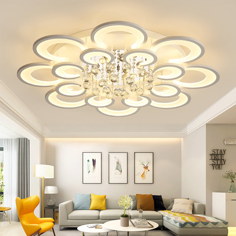 Contemporary Acrylic Flush Mount Ceiling Light with Crystal Drop - Multi-Layer Circular Design (10/12/16 Lights, White)