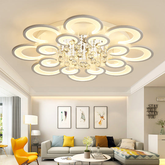 Contemporary Acrylic Flush Mount Ceiling Light with Crystal Drop - Multi-Layer Circular Design (10/12/16 Lights, White)