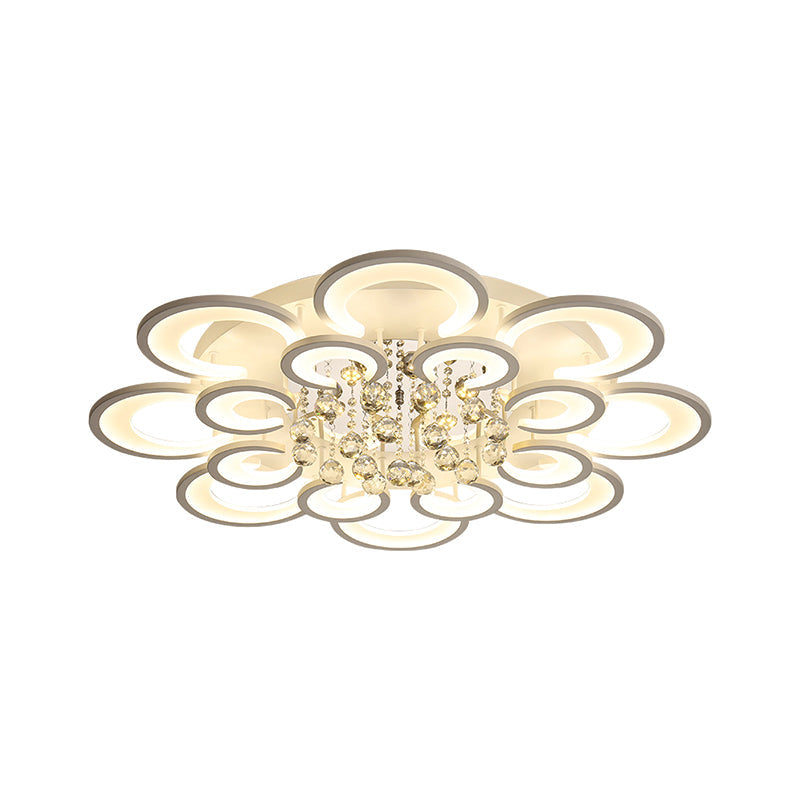 Contemporary Acrylic Flush Mount Ceiling Light with Crystal Drop - Multi-Layer Circular Design (10/12/16 Lights, White)