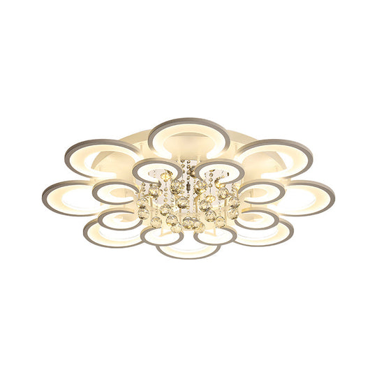 Contemporary Acrylic Flush Mount Ceiling Light with Crystal Drop - Multi-Layer Circular Design (10/12/16 Lights, White)