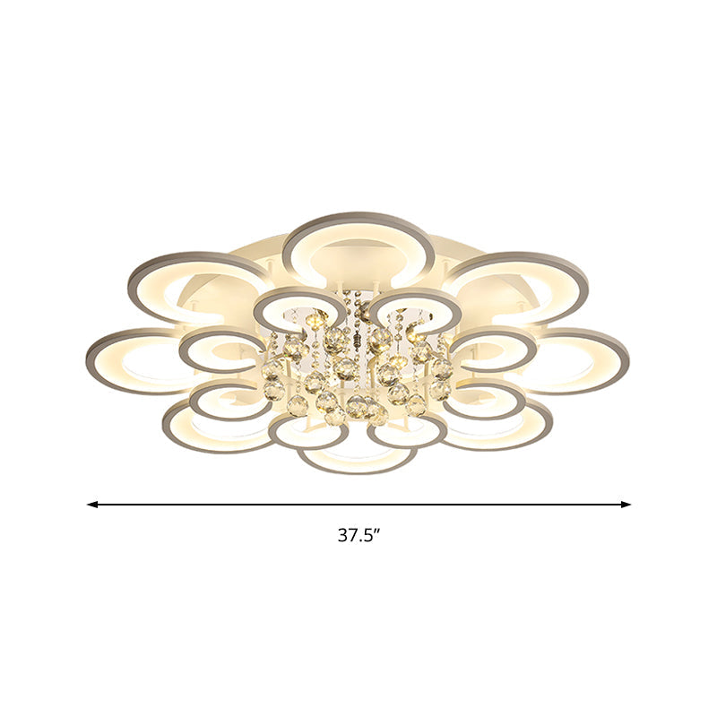 Contemporary Acrylic Flush Mount Ceiling Light with Crystal Drop - Multi-Layer Circular Design (10/12/16 Lights, White)