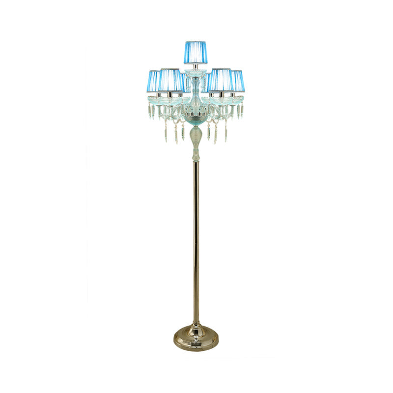 5/6/7-Bulb Traditional Crystal Candelabra Floor Lamp In Blue With Pleated Shade