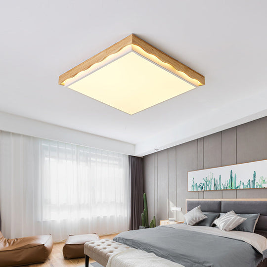 Minimalist Wood Beige LED Ceiling Light for Bedroom - Rectangular/Square Shapes in White/Warm with Acrylic Shade - 18"/21.5"/27.5" Wide