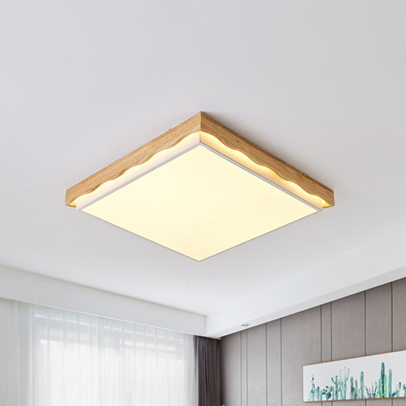 Minimalist Wood Beige LED Ceiling Light for Bedroom - Rectangular/Square Shapes in White/Warm with Acrylic Shade - 18"/21.5"/27.5" Wide