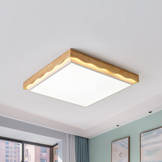 Minimalist Wood Beige LED Ceiling Light for Bedroom - Rectangular/Square Shapes in White/Warm with Acrylic Shade - 18"/21.5"/27.5" Wide