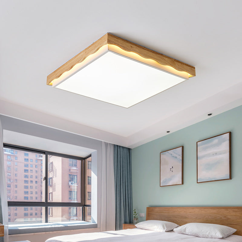 Minimalist Wood Beige LED Ceiling Light for Bedroom - Rectangular/Square Shapes in White/Warm with Acrylic Shade - 18"/21.5"/27.5" Wide