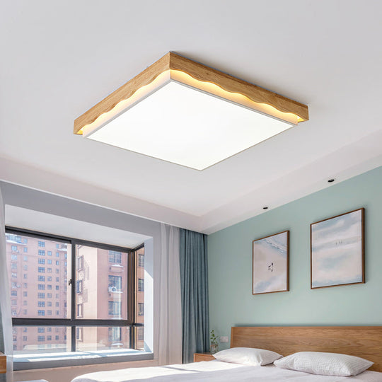 Minimalist Wood Beige LED Ceiling Light for Bedroom - Rectangular/Square Shapes in White/Warm with Acrylic Shade - 18"/21.5"/27.5" Wide