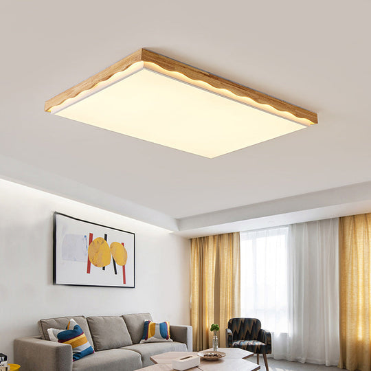 Minimalist Wood Beige LED Ceiling Light for Bedroom - Rectangular/Square Shapes in White/Warm with Acrylic Shade - 18"/21.5"/27.5" Wide