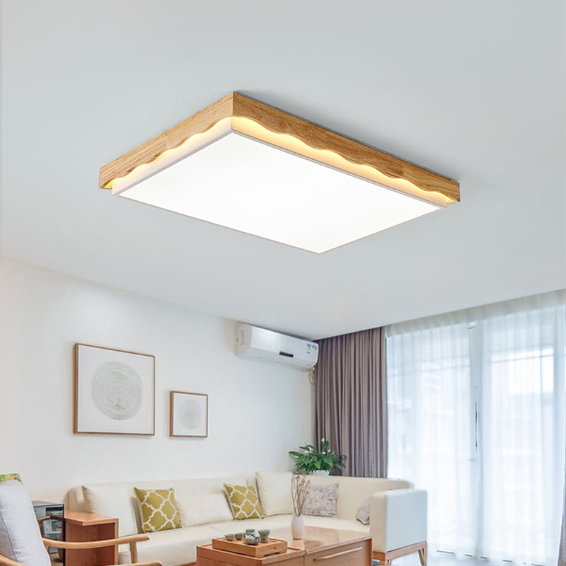 Minimalist Wood Beige LED Ceiling Light for Bedroom - Rectangular/Square Shapes in White/Warm with Acrylic Shade - 18"/21.5"/27.5" Wide
