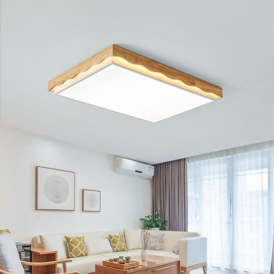 Minimalist Wood Beige LED Ceiling Light for Bedroom - Rectangular/Square Shapes in White/Warm with Acrylic Shade - 18"/21.5"/27.5" Wide