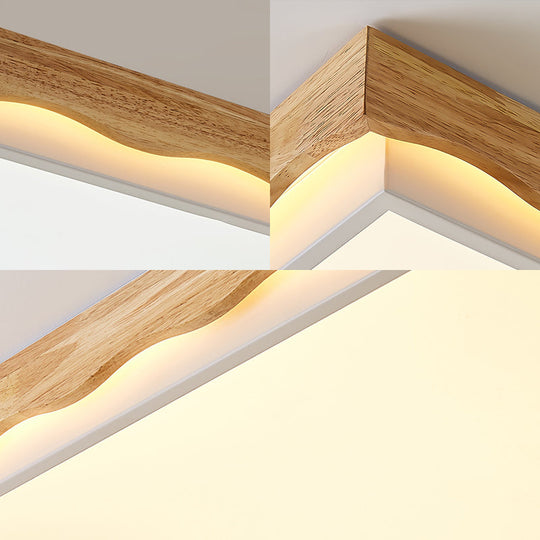 Minimalist Wood Beige LED Ceiling Light for Bedroom - Rectangular/Square Shapes in White/Warm with Acrylic Shade - 18"/21.5"/27.5" Wide