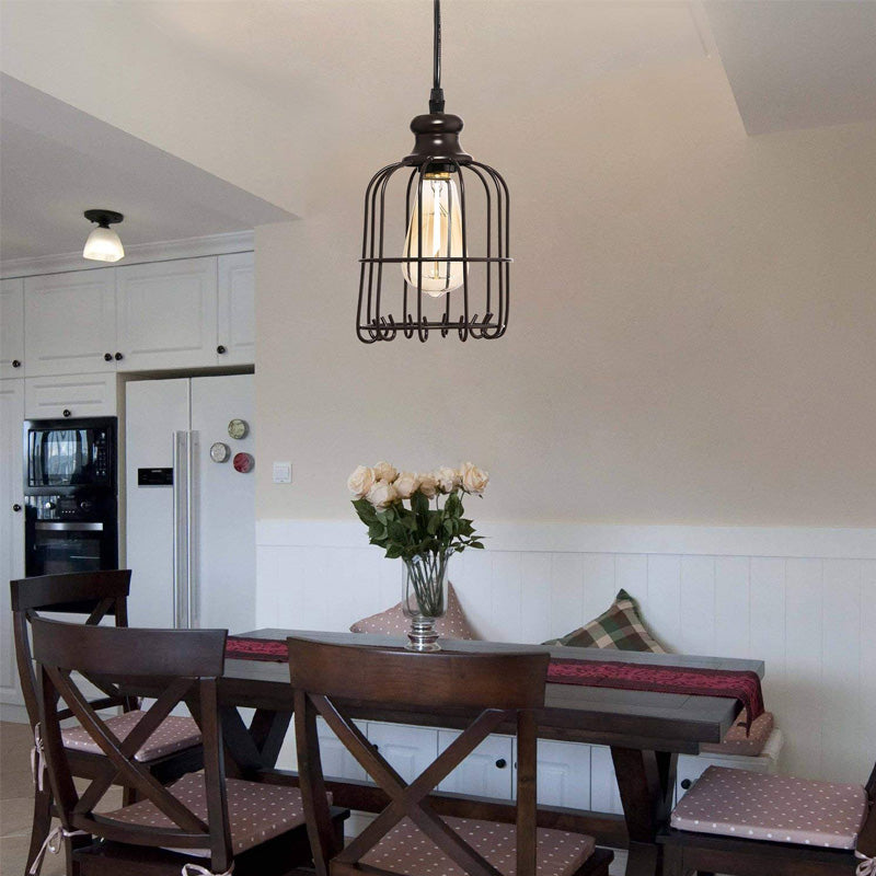 Industrial Glass Pendant Ceiling Light with Cage - Black Cylinder Design for Dining Room Illumination