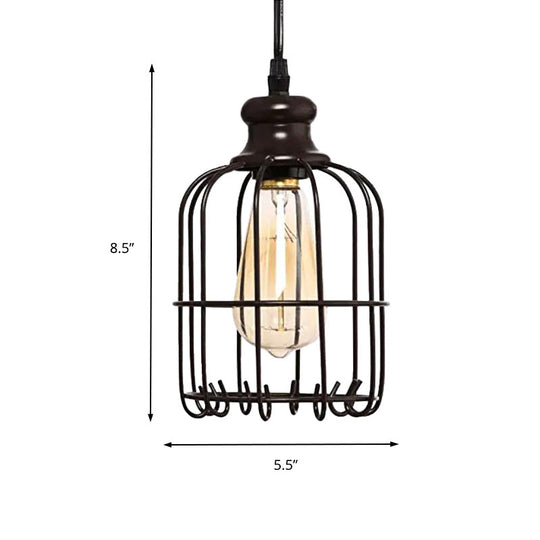 Industrial Glass Pendant Ceiling Light with Cage - Black Cylinder Design for Dining Room Illumination