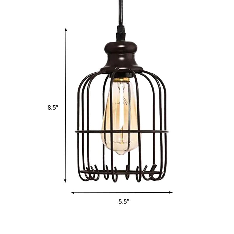 Industrial Glass Single Light Pendant Ceiling With Cage - Black Cylinder Design For Dining Room