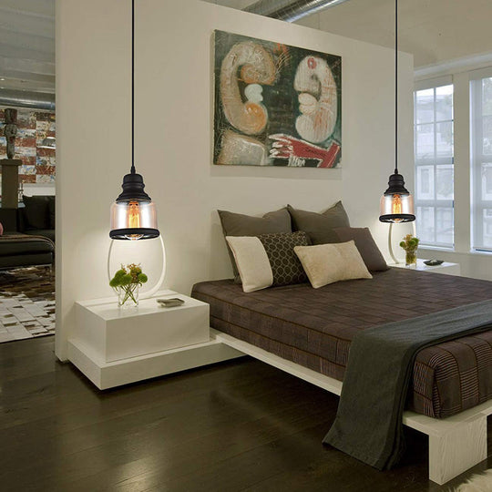 Suspension cylindrique industrielle noire - Lampe suspendue en verre transparent pour salon