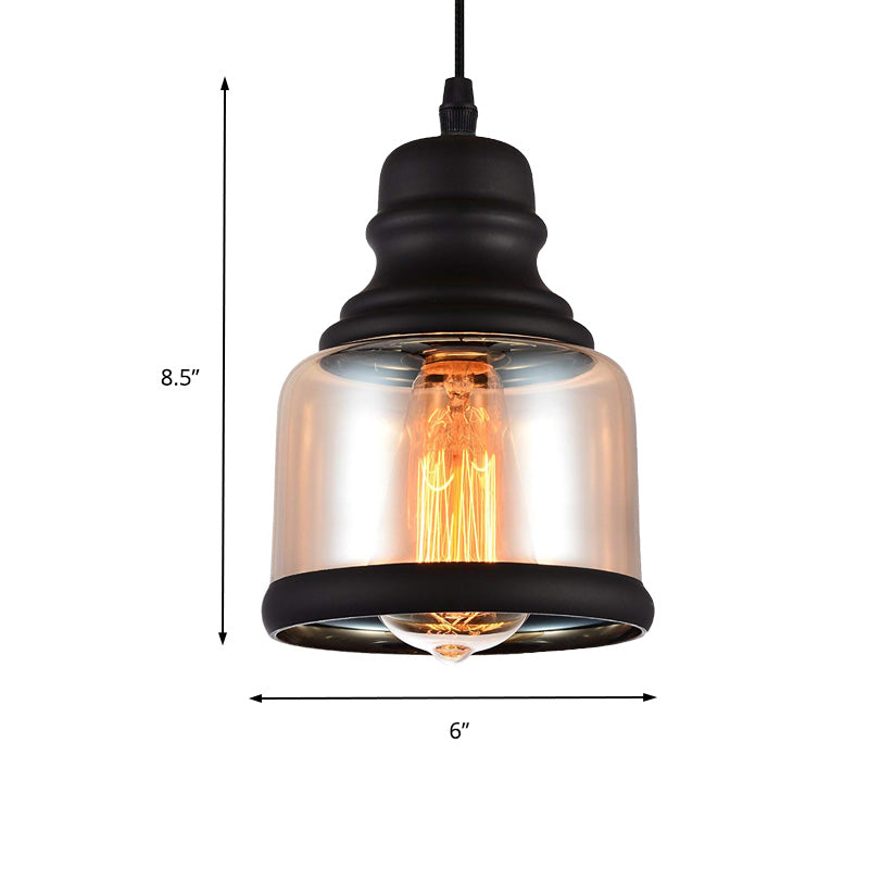 Suspension cylindrique industrielle noire - Lampe suspendue en verre transparent pour salon
